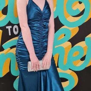 Source Unknown Satin Ruched Teal Evening Gown